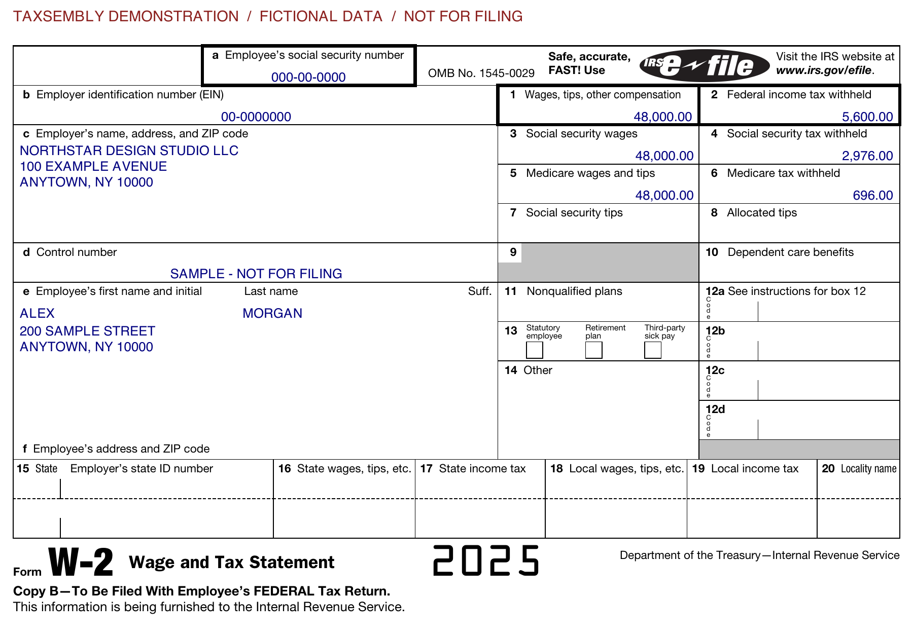 Sample 2025 W-2 on the official IRS Copy B layout. Fictional Alex Morgan, wages $48,000 and federal withholding $5,600. Marked not for filing.